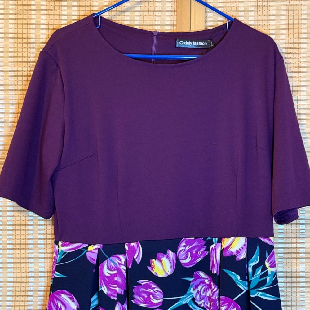 Oxiuly Fashion Womens 2XL Purple Floral Tulip Print Short Sleeve Flare Dress - Picture 2 of 8
